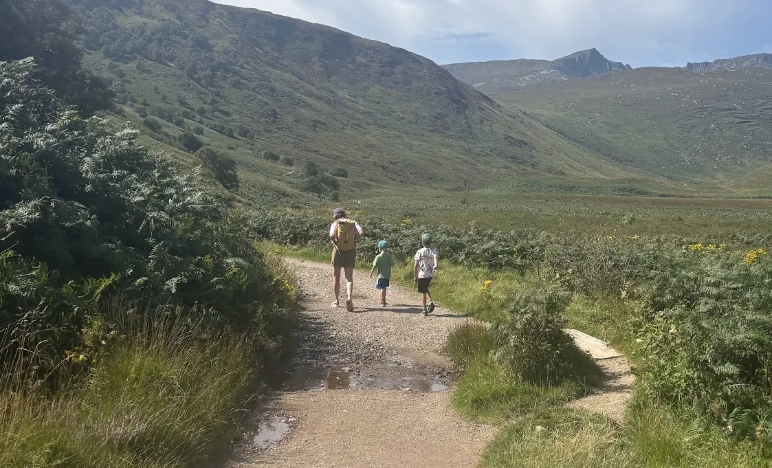 A parent and two children in caps walking away along a gravel path through bracken towards the hills.