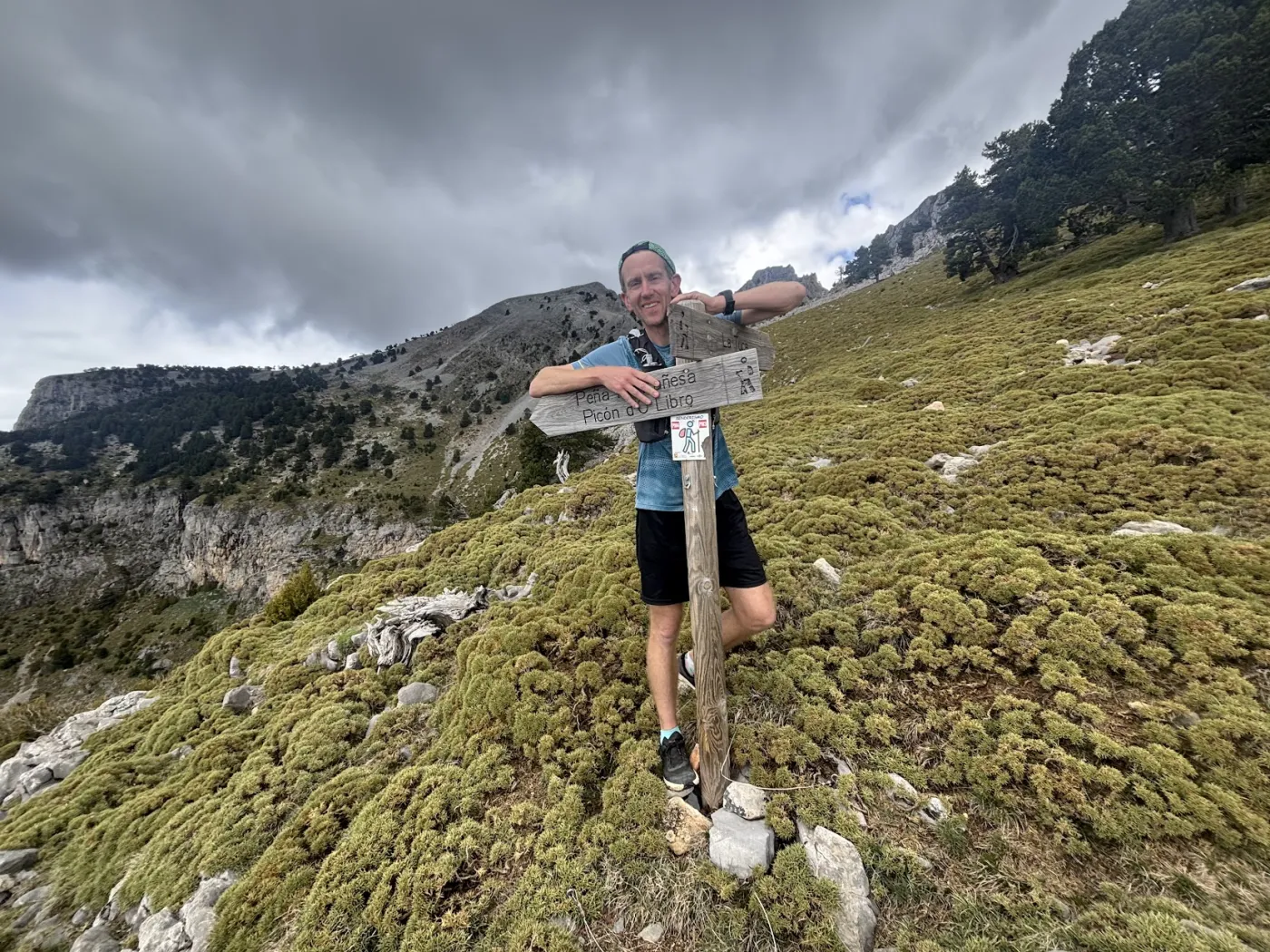 Nick leaning on a wooden trail signpost on a green mountainside under a grey sky.