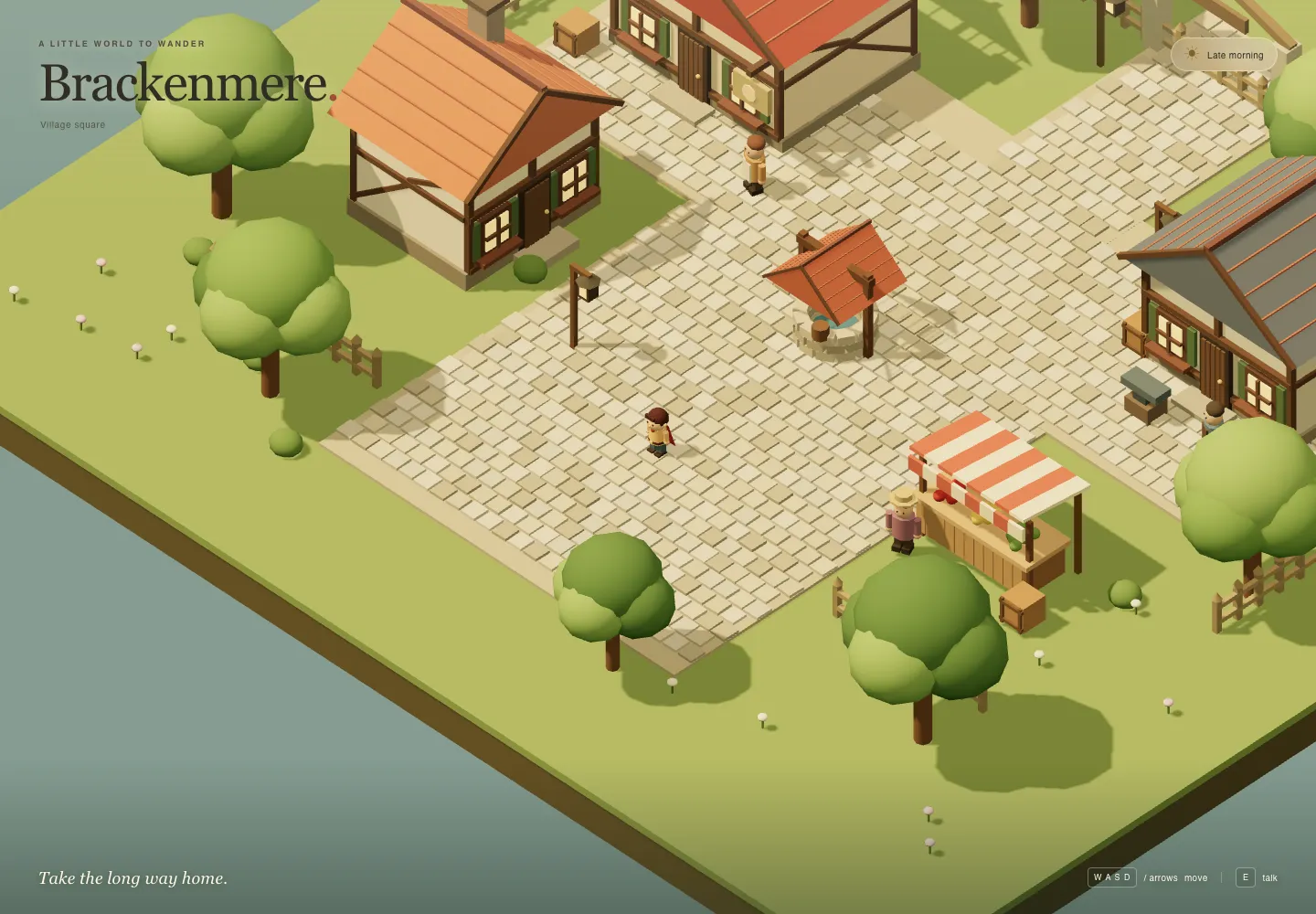 The first Three.js village: a cobbled square with timber-framed houses, red tiled roofs, a well, a striped market stall and round green trees on a floating island of grass. A serif "Brackenmere." heading sits top left.