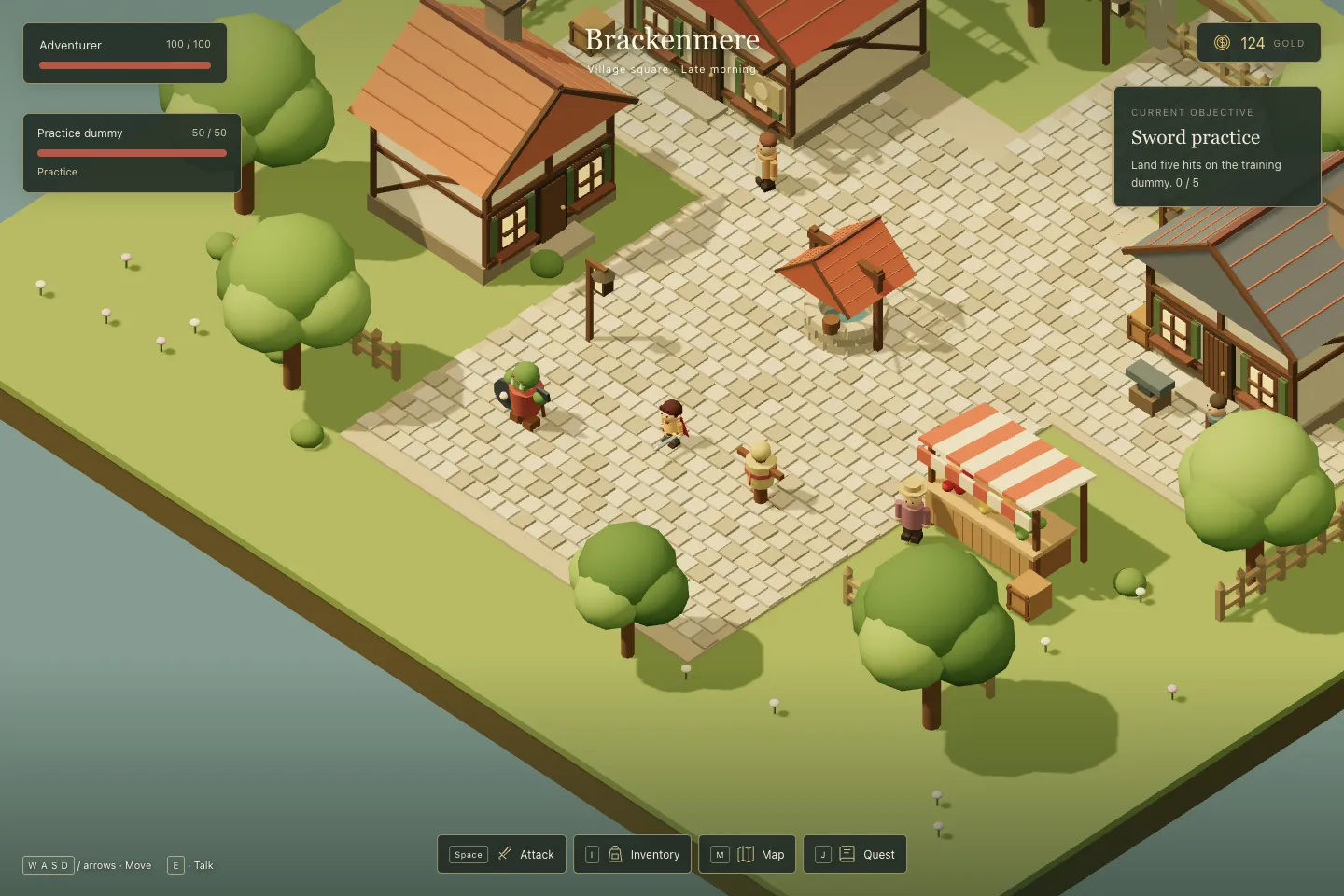 The village square with a HUD: health bars for the Adventurer and a Practice dummy, 124 gold, a "Sword practice" objective card, and Attack, Inventory, Map and Quest buttons along the bottom.