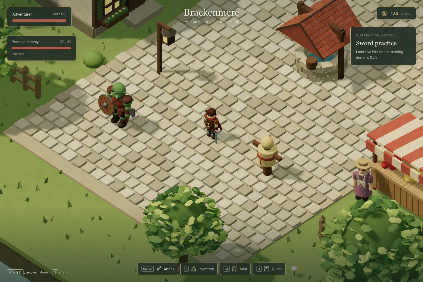 Before: a chunky procedural hero with a red cape stands in the square next to a green procedural orc with a round shield.
