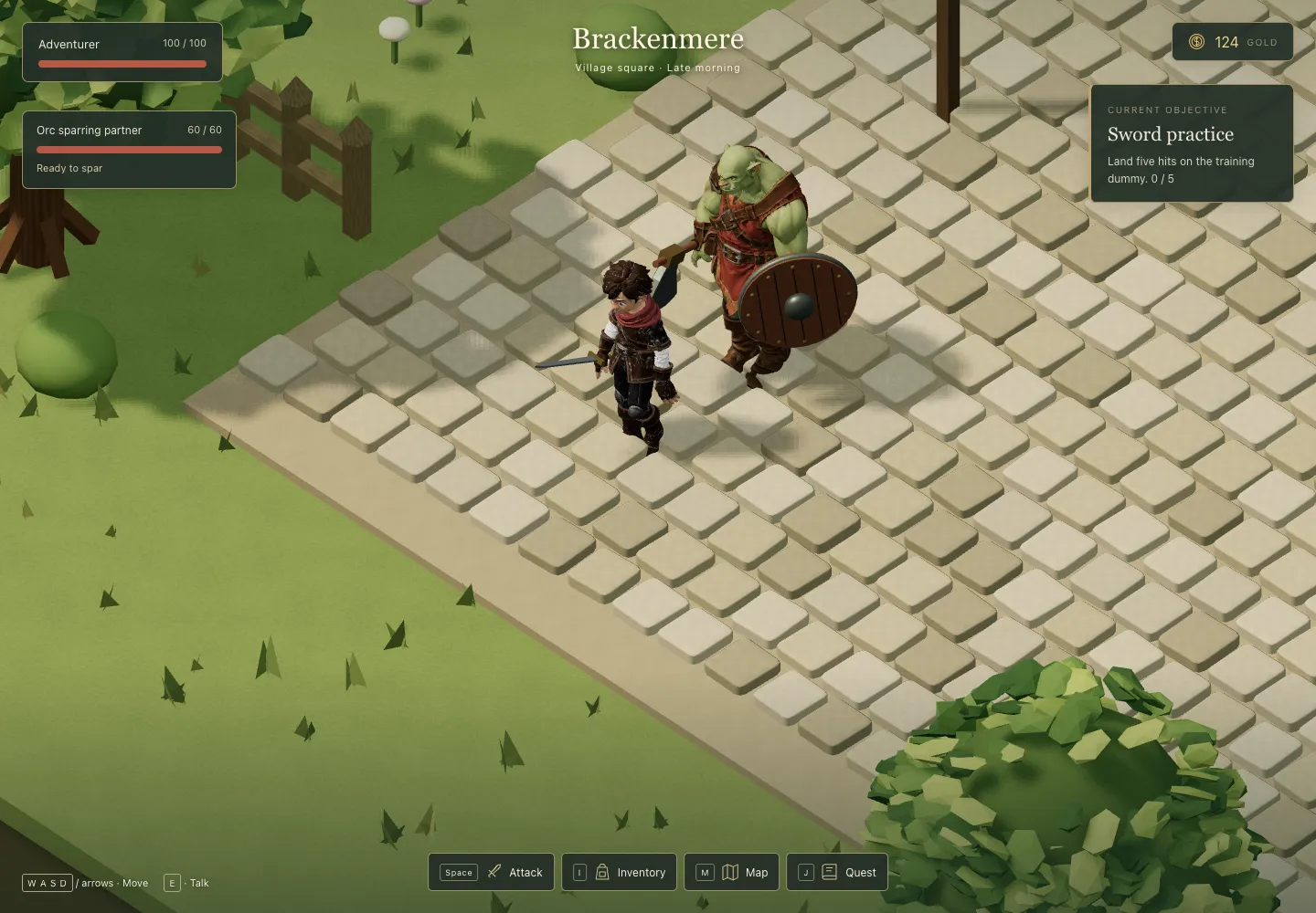After: the textured Meshy hero with a red scarf and sword stands beside Gorak, a large green orc with an axe and a studded shield, on the cobbles.
