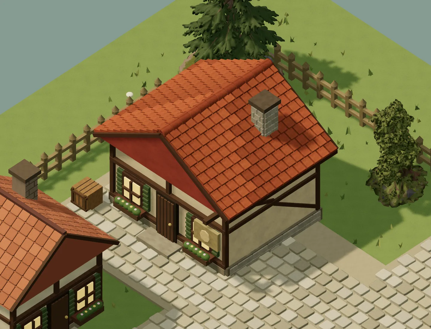 A close isometric view of one house: overlapping red clay roof tiles, a stone chimney, timber framing over cream plaster and window boxes.