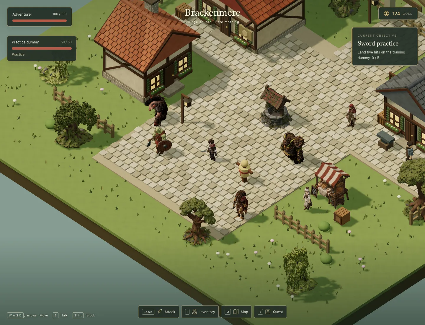 The whole square near midnight: detailed houses with tiled roofs, a well, a market stall, gnarled trees, the hero, a training dummy and several monsters on the cobbles.