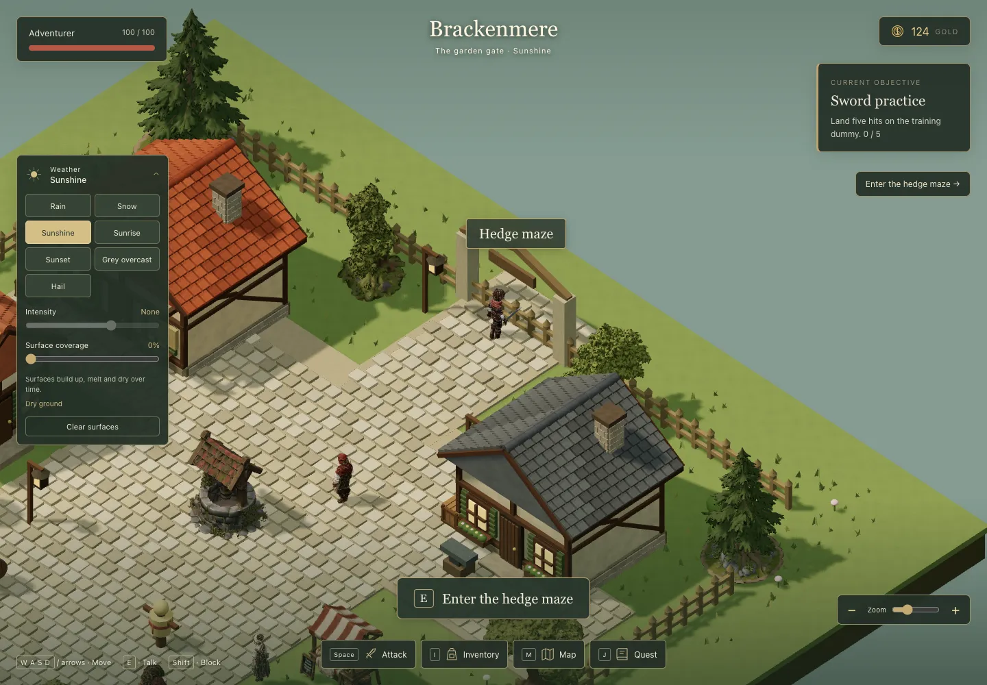 The village garden gate under a wooden "Hedge maze" sign, the hero standing in the gateway and an "E, Enter the hedge maze" prompt at the bottom. A weather panel on the left offers Rain, Snow, Sunshine, Sunrise, Sunset, Grey overcast and Hail.