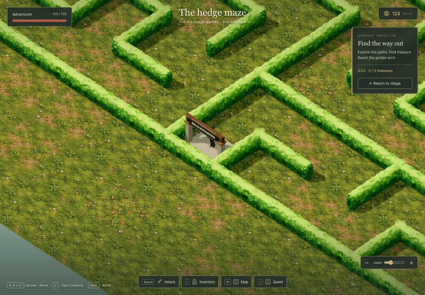 The maze entrance with textured hedges from a supplied model, bright and leafy, on a grass floor scattered with flowers and bare patches. The Brackenmere arch stands at the entrance.