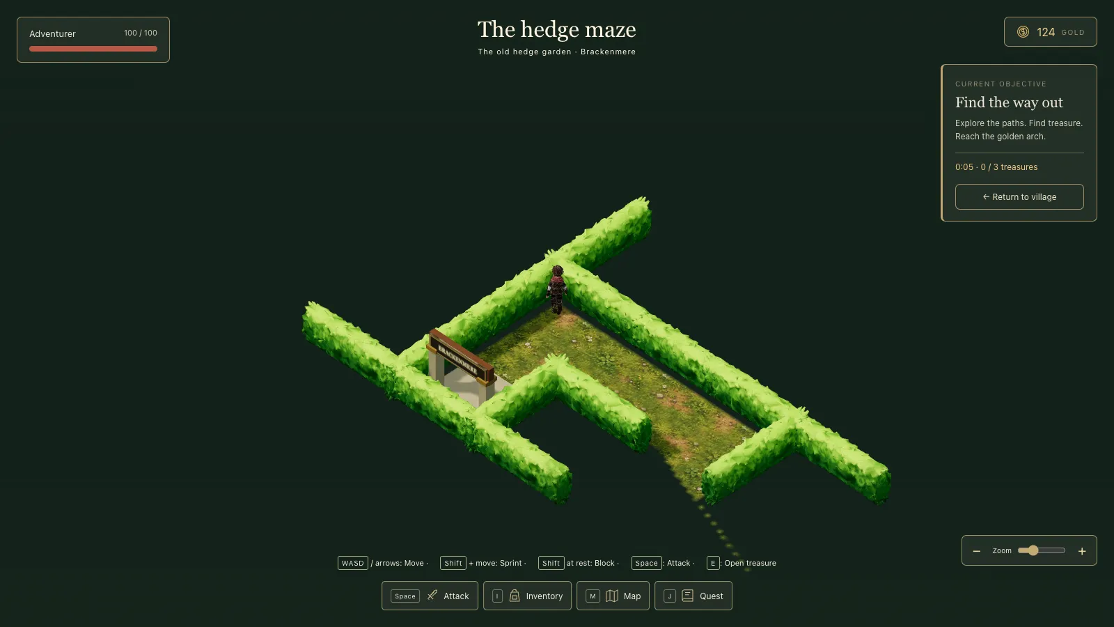 The textured hedge maze with everything out of sight hidden in dark green. Only the corridor the hero stands in is lit; the hedges around it show as complete shapes against the dark.
