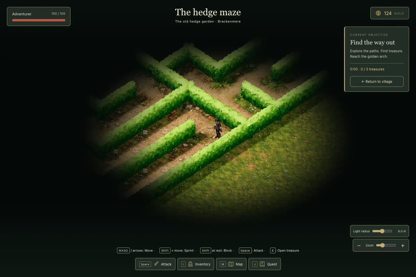The finished look: the hero in a spotlit circle of the maze, tall leafy hedges and painted dirt paths with stones and autumn leaves, the rest of the maze dark. A Light radius slider reads 9.0 m above the zoom control.
