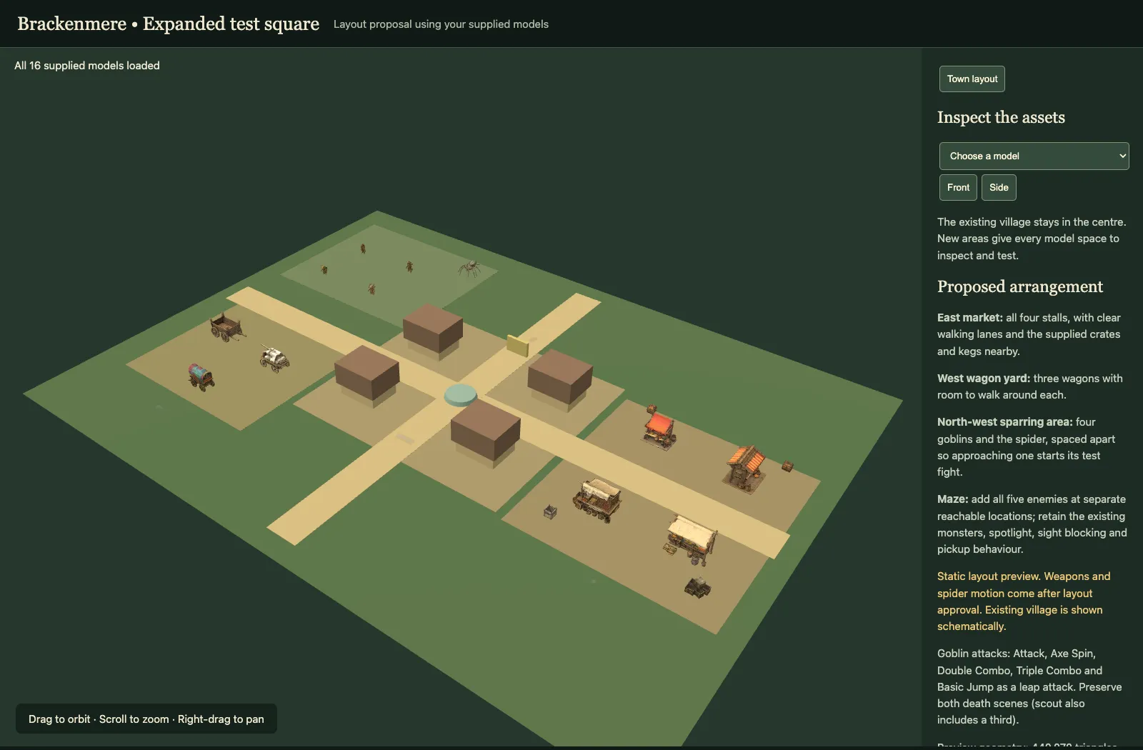 A layout proposal: a schematic village crossroads with a sparring area of goblins and a spider, a wagon yard and a market area, and a side panel listing the plan.