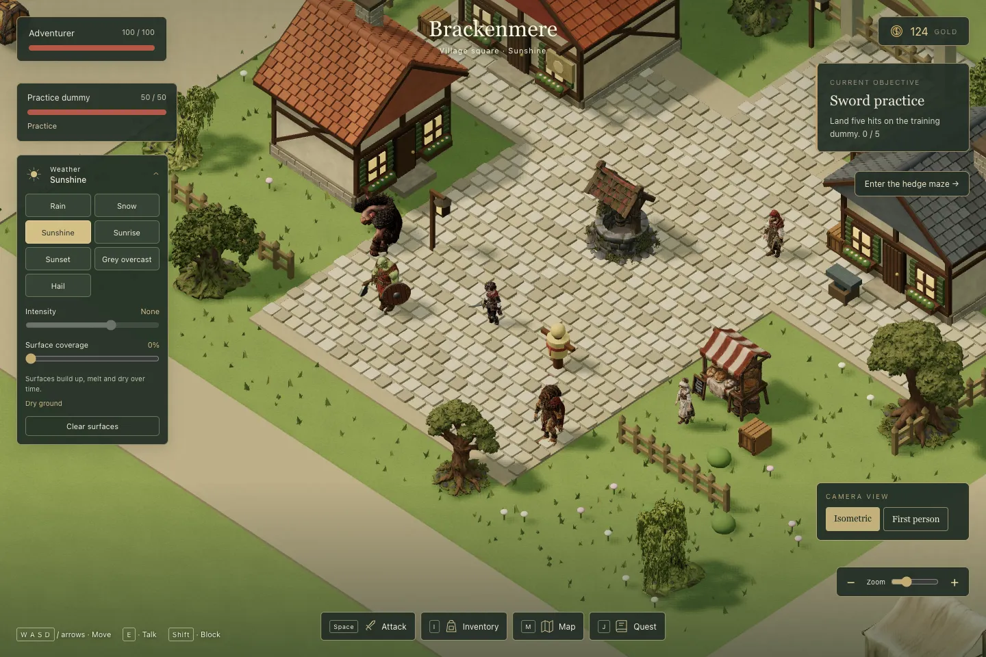 The isometric village square with the HUD, and a new Camera View card at the lower right offering Isometric and First person buttons.
