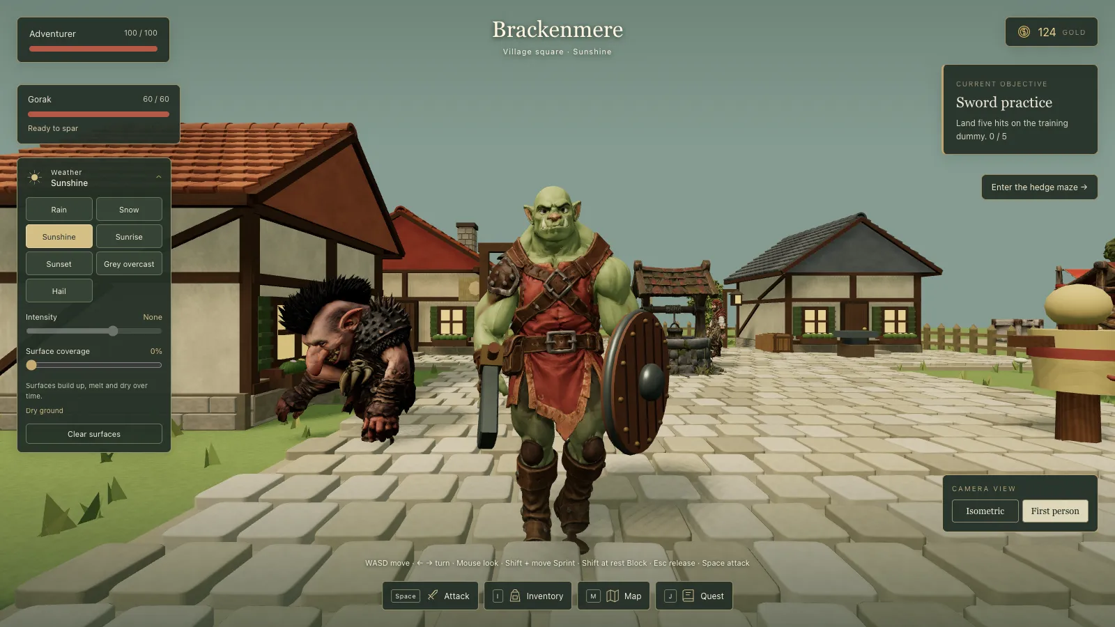 First-person view in the village square facing Gorak the orc, with Spiger crouched to the left. No hand or sword is visible anywhere on screen.