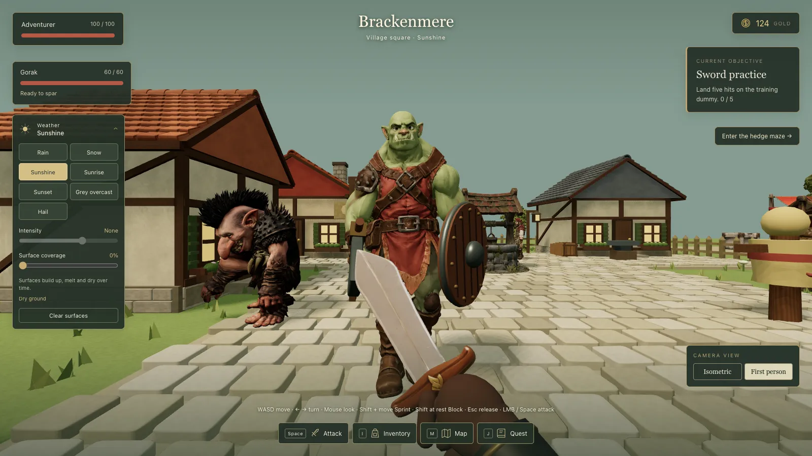 First-person mid-swing: a pale broad sword with a brass guard sweeps across the view toward Gorak, held in a plain brown block of a hand.