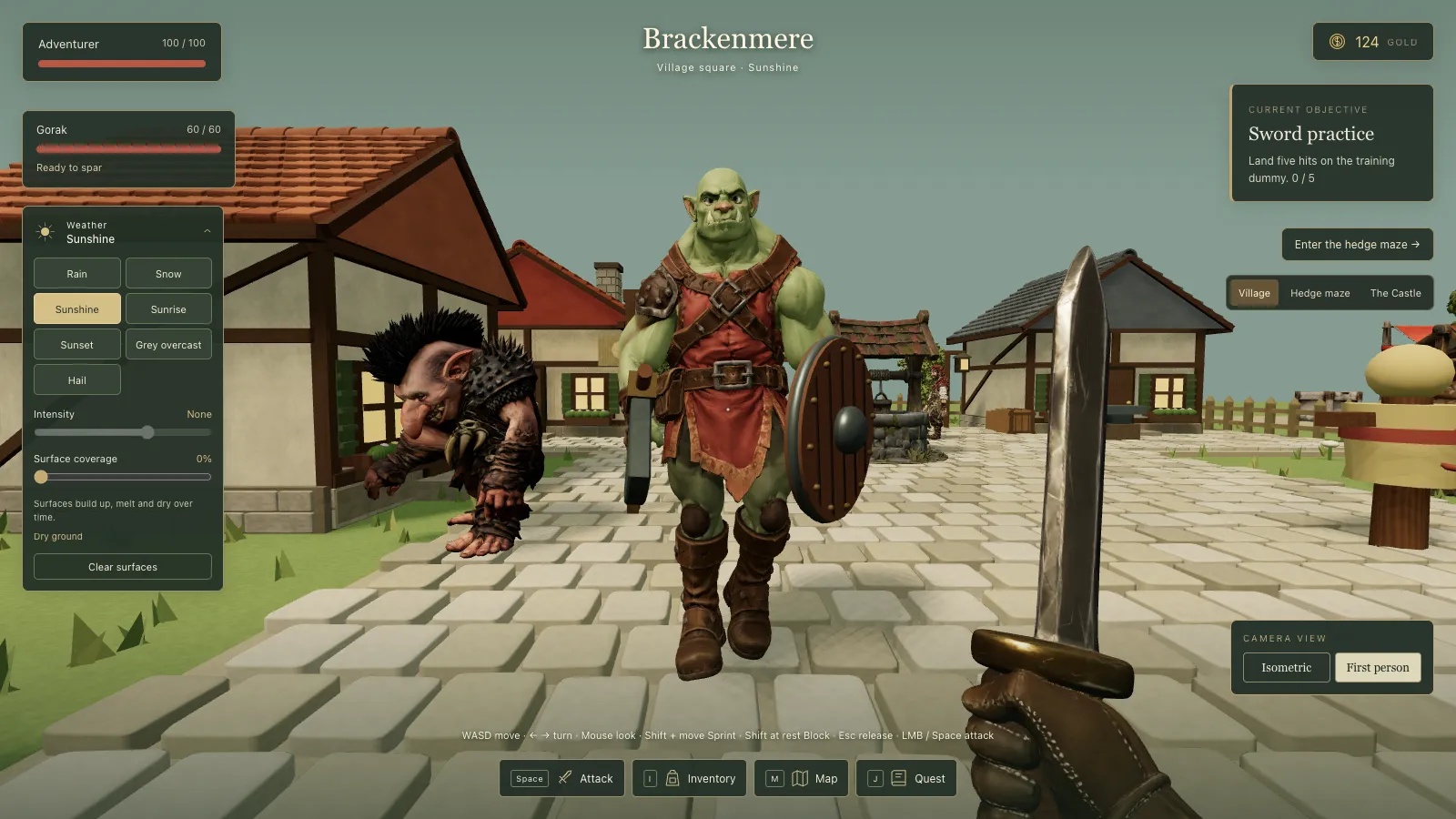 The same first-person framing facing Gorak, now with a dark, scratched sword held in a stitched brown leather glove at the lower right.
