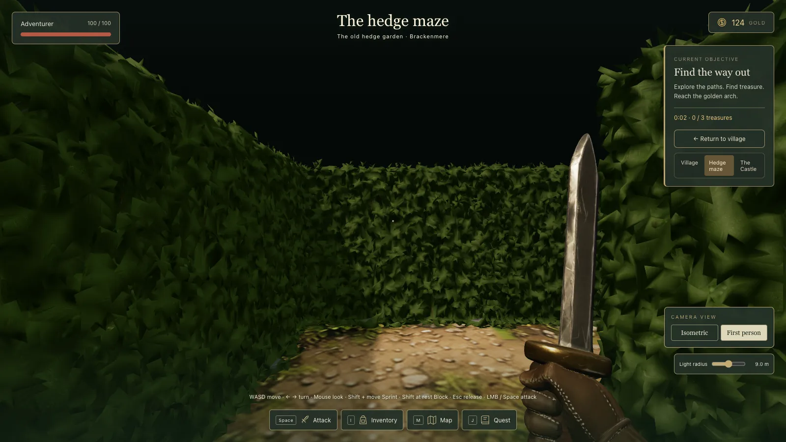 First person in the dark hedge maze: tall leafy hedges on both sides, a cobbled path ahead, darkness above, and the gloved hand holding the sword at the lower right.