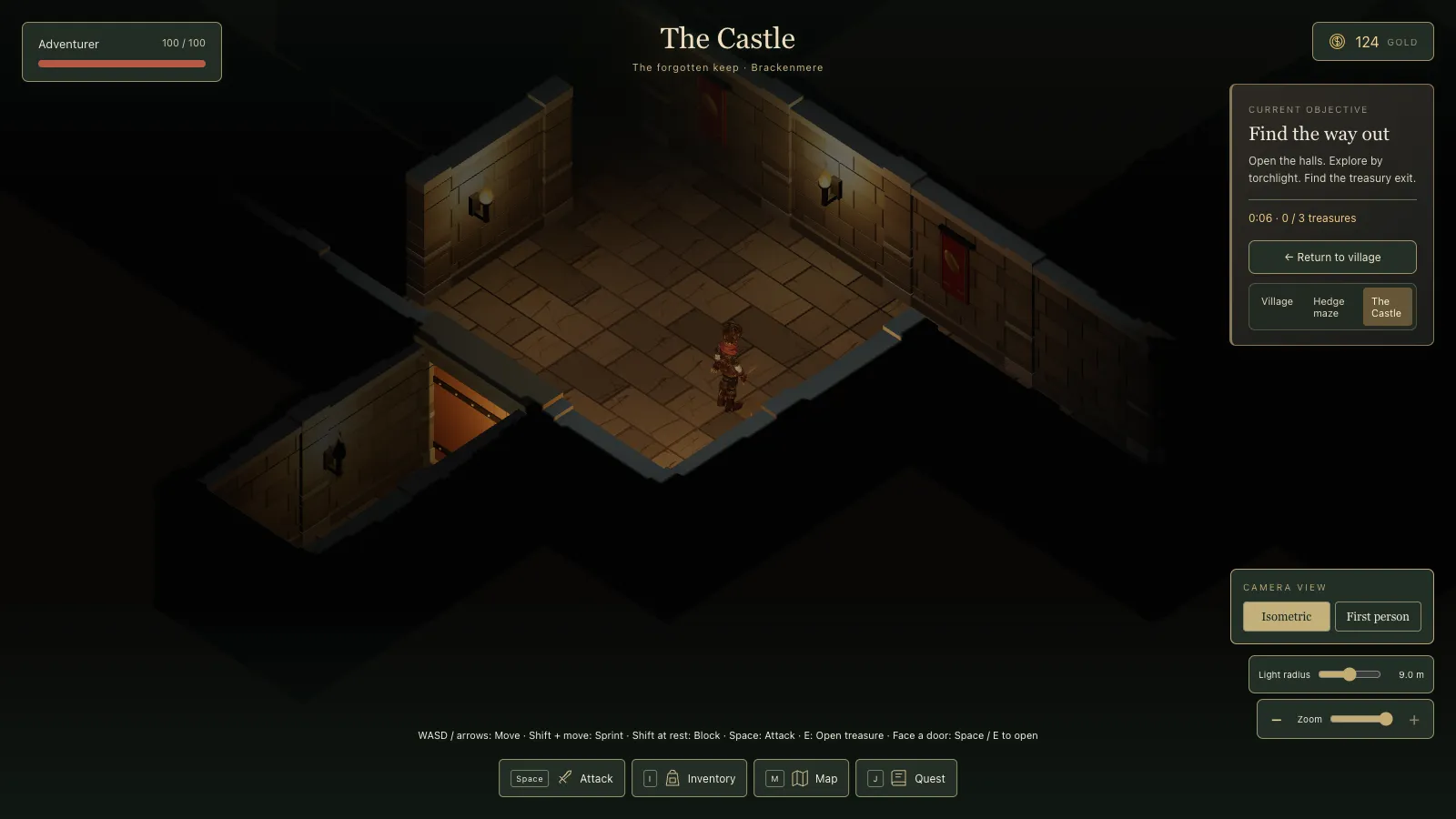 An isometric stone hall lit by two wall torches, with red banners, cracked flagstones and the hero standing in the middle. A dark doorway with an orange door sits at the lower left; everything beyond is black.