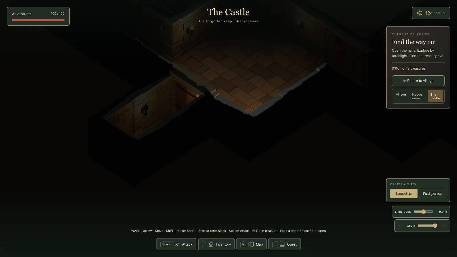 The same hall from the same angle. Here the near wall is solid black and the hero, standing just behind it, cannot be seen at all.