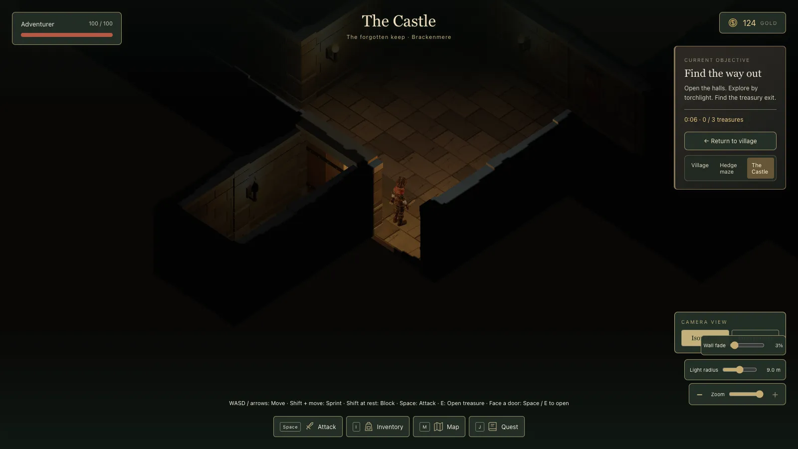 The same spot after the first fix: a narrow slot has been cut through the near wall, showing the hero standing in it. A Wall fade slider reads 3%.