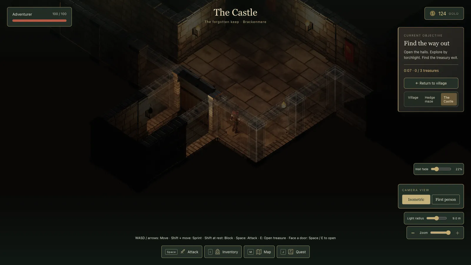 The same spot later that night: the near walls are drawn as faint white outlines over the floor, the hero is clear, the stones are detailed blocks and a red banner hangs on the far wall. The Wall fade slider reads 22%.