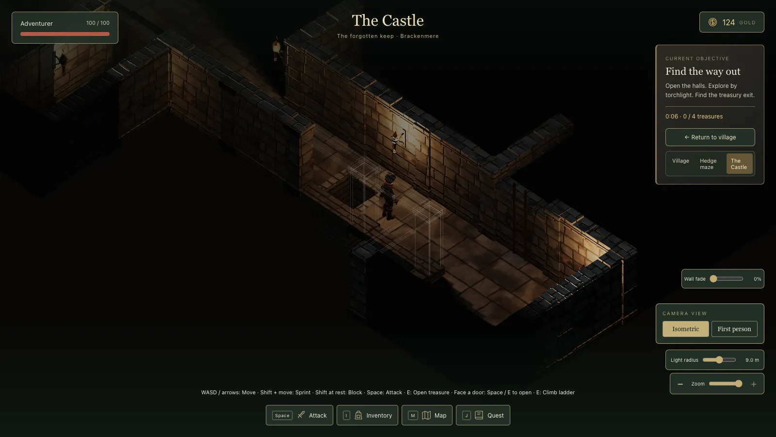 A long torchlit passage in the new east wing. The hero stands beside a square dark pit outlined in white, with a clear lane of floor past it.