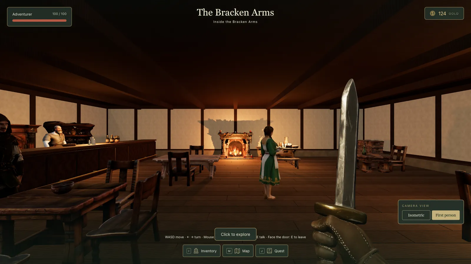 First person inside the inn: the bar on the left with the innkeeper behind it, a fireplace ahead, a woman in a green dress in the middle of the room and the hero's sword in the foreground.