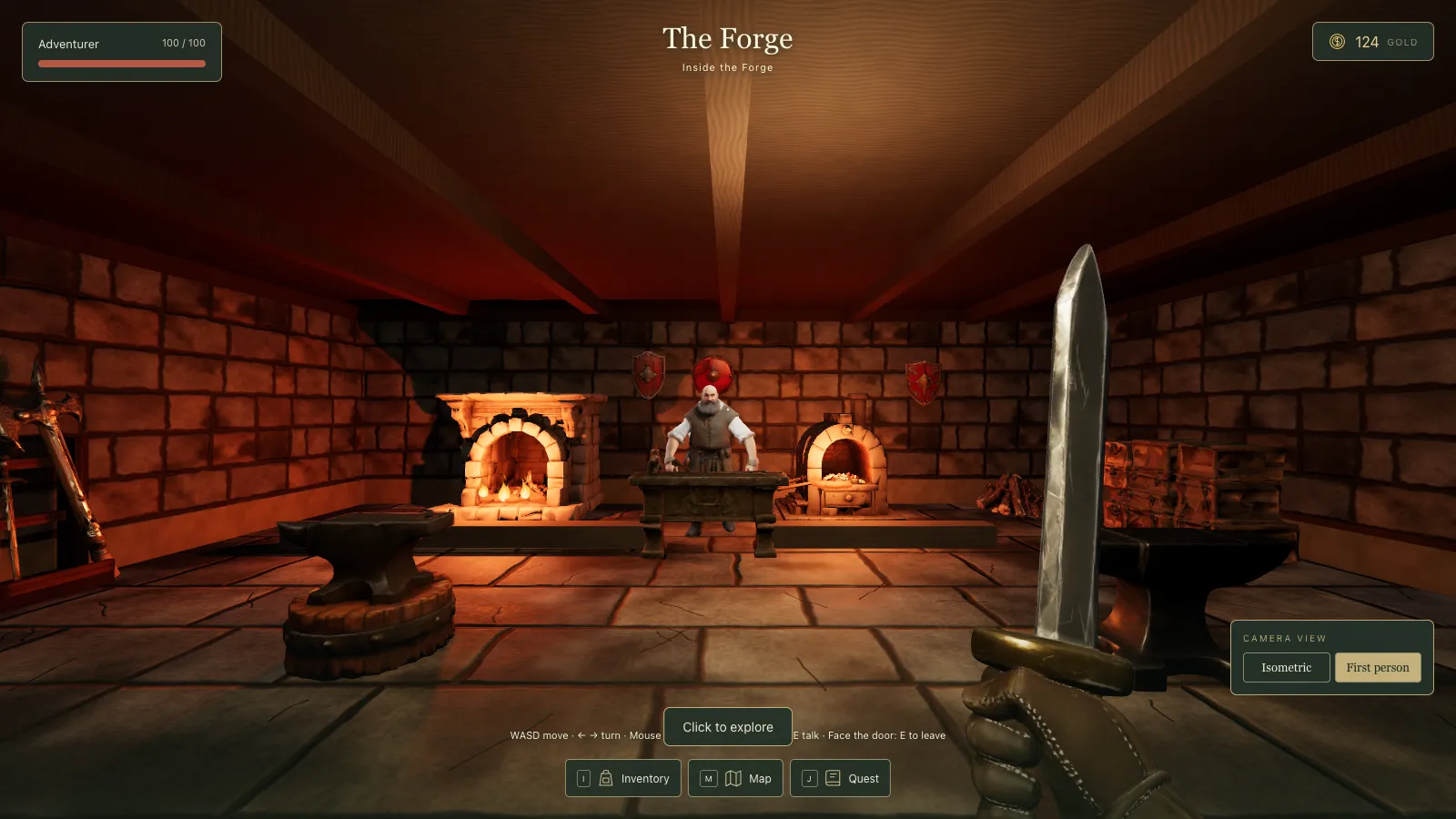 First person inside the forge: brick walls, a glowing forge and furnace, shields on the wall, two anvils and the smith behind his bench.