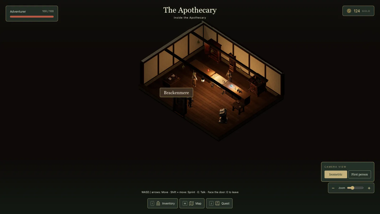 The apothecary in isometric: a narrow room with a long counter, cabinets of bottles behind it and two people waiting.