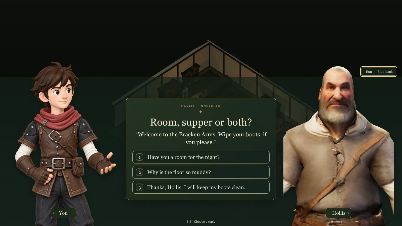 A conversation screen: the hero on the left, Hollis the innkeeper on the right, and a card between them reading "Room, supper or both?" with three numbered replies.