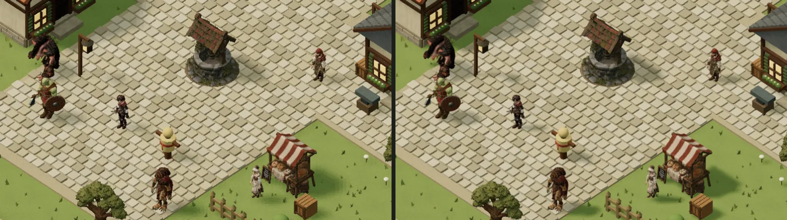 The village square cropped side by side, Low on the left and High on the right: softer, shorter shadows on Low.