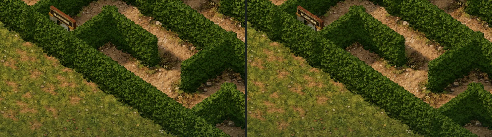 The hedge maze cropped side by side, Low on the left and High on the right.