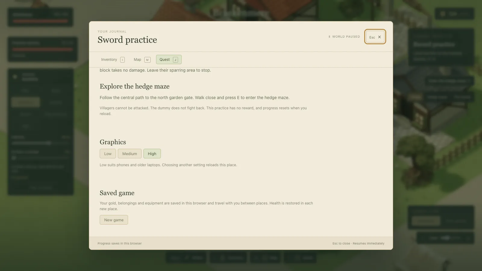 The journal open on the Quest page, with a Graphics section offering Low, Medium and High and a note that Low suits phones and older laptops.