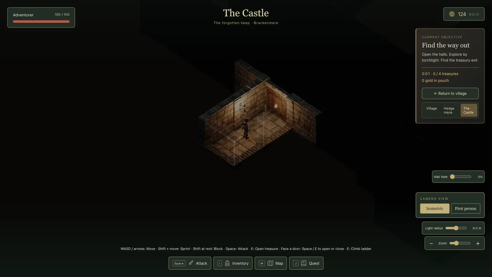 The castle from the isometric camera: a small lit room of honey-coloured stone with a wall torch, the hero in the middle and the rest of the keep in darkness.