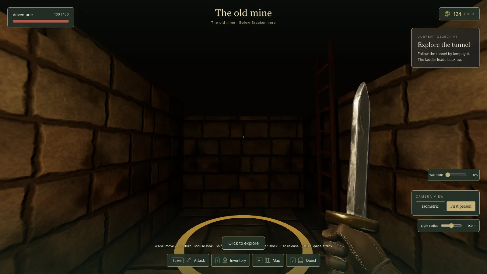 First person in the old mine: a narrow stone tunnel lit only by the hero's lamp, a wooden ladder on the right wall and darkness ahead.