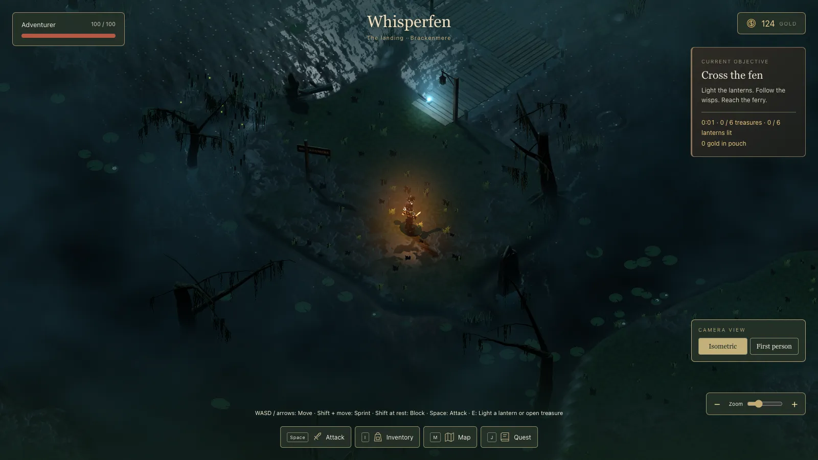 Whisperfen from the isometric camera at night: a grassy island in black water with dead willows, lily pads, a signpost, a lantern on a wooden dock and the hero's lamp glowing orange.