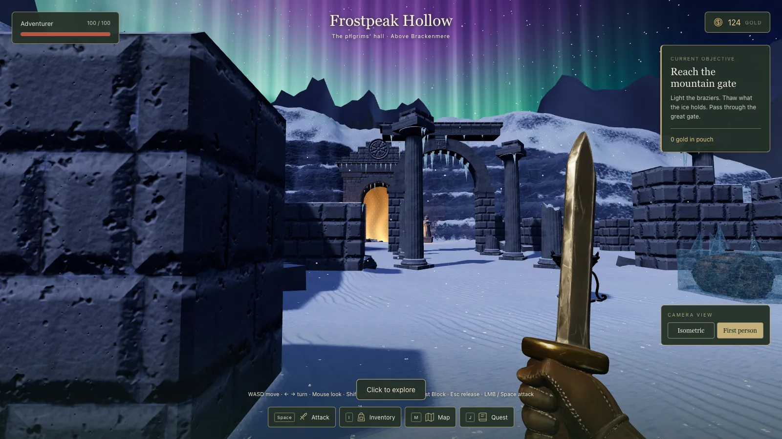 First person in Frostpeak Hollow: green and violet aurora over snowy peaks, fluted columns and a lit doorway in temple ruins, and a chest frozen in a block of ice on the right.