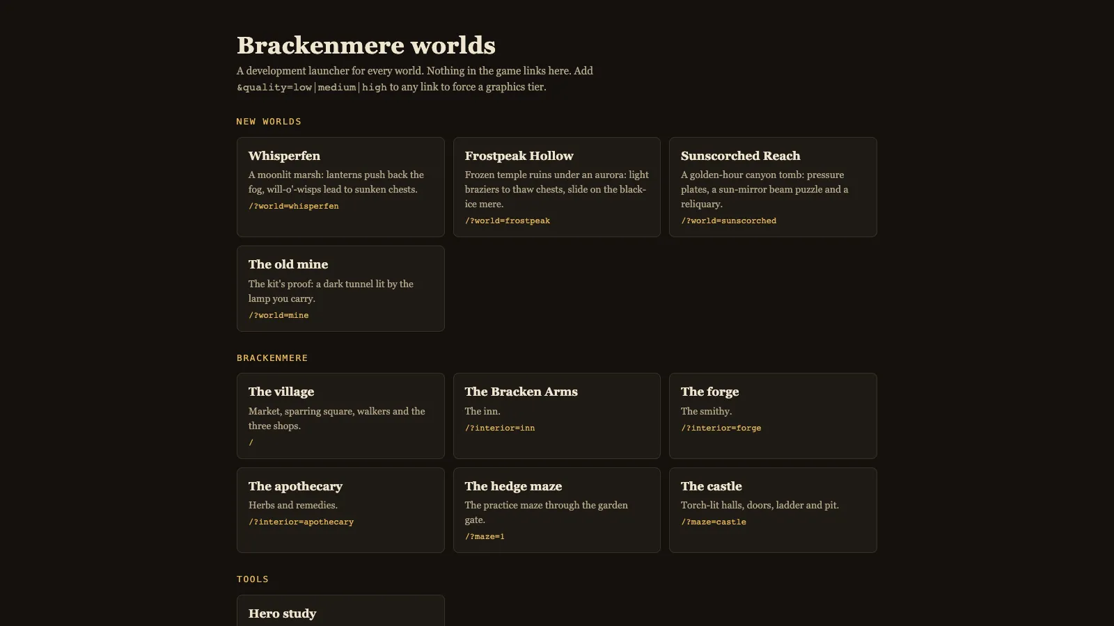 The Brackenmere worlds launcher page: cards for Whisperfen, Frostpeak Hollow, Sunscorched Reach and The old mine under "New worlds", then the village, the inn, the forge, the apothecary, the hedge maze and the castle.