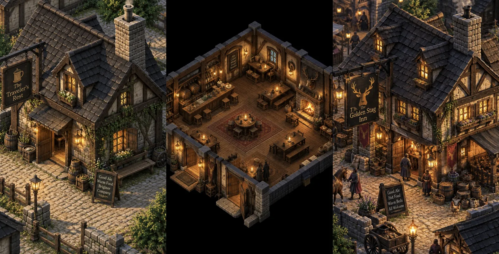 Three reference pictures: an inn outside, an inn room as a cut-away, and a busy inn at dusk