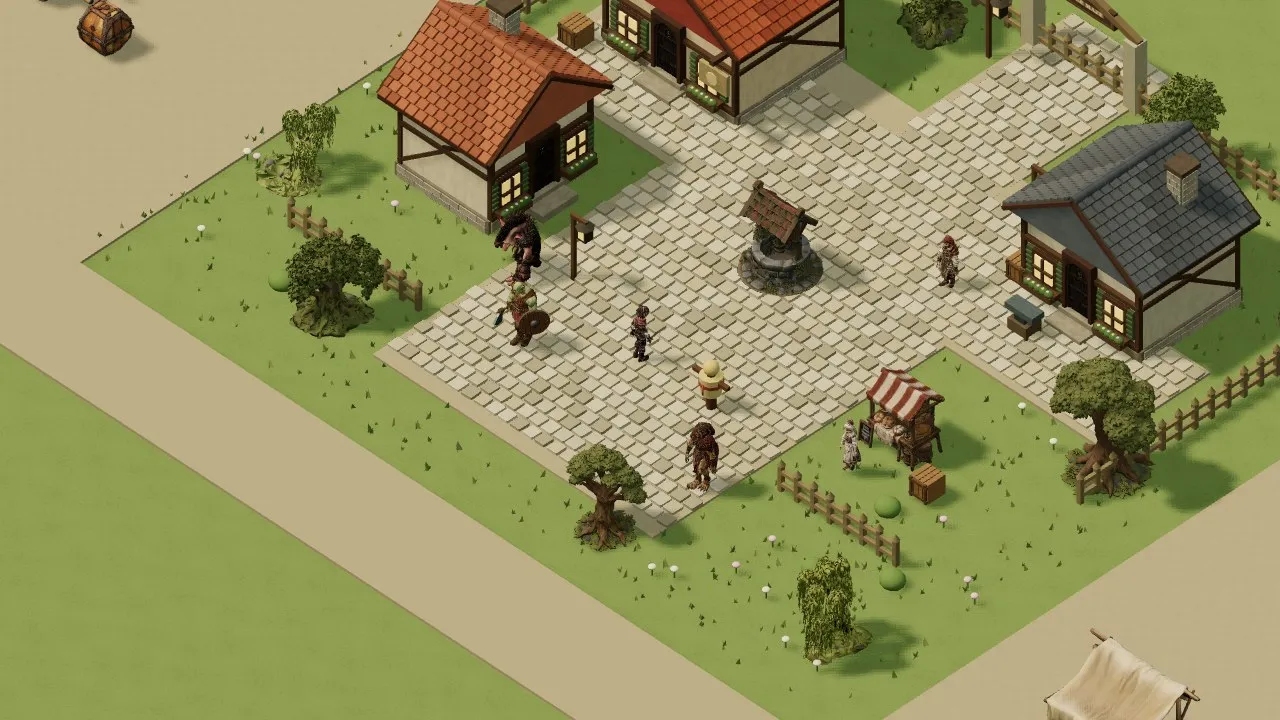 The village square before the art pass, with orange-roofed houses on pale paving