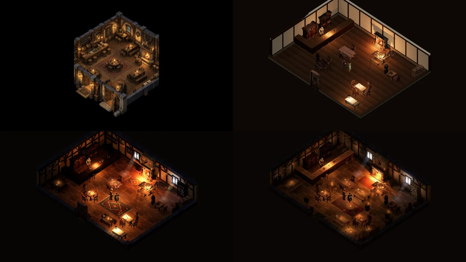 Four views of the inn room: the reference, before, after the first night, and as it landed
