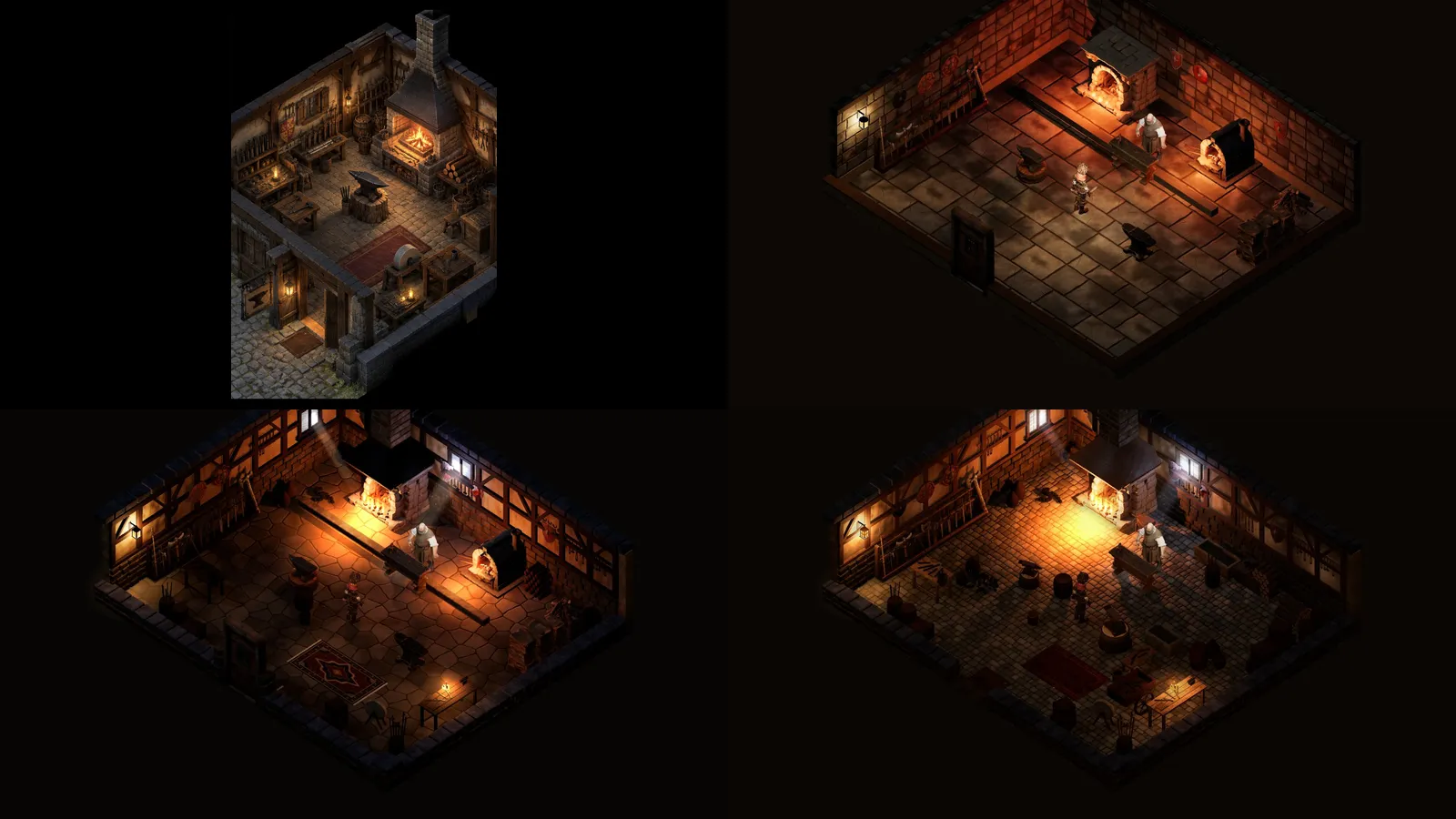 Four views of the forge room: the reference, before, after the first night, and as it landed