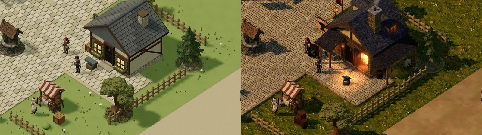 The forge from above, before and after: a blue-roofed cottage, then a stone forge with an open, glowing bay