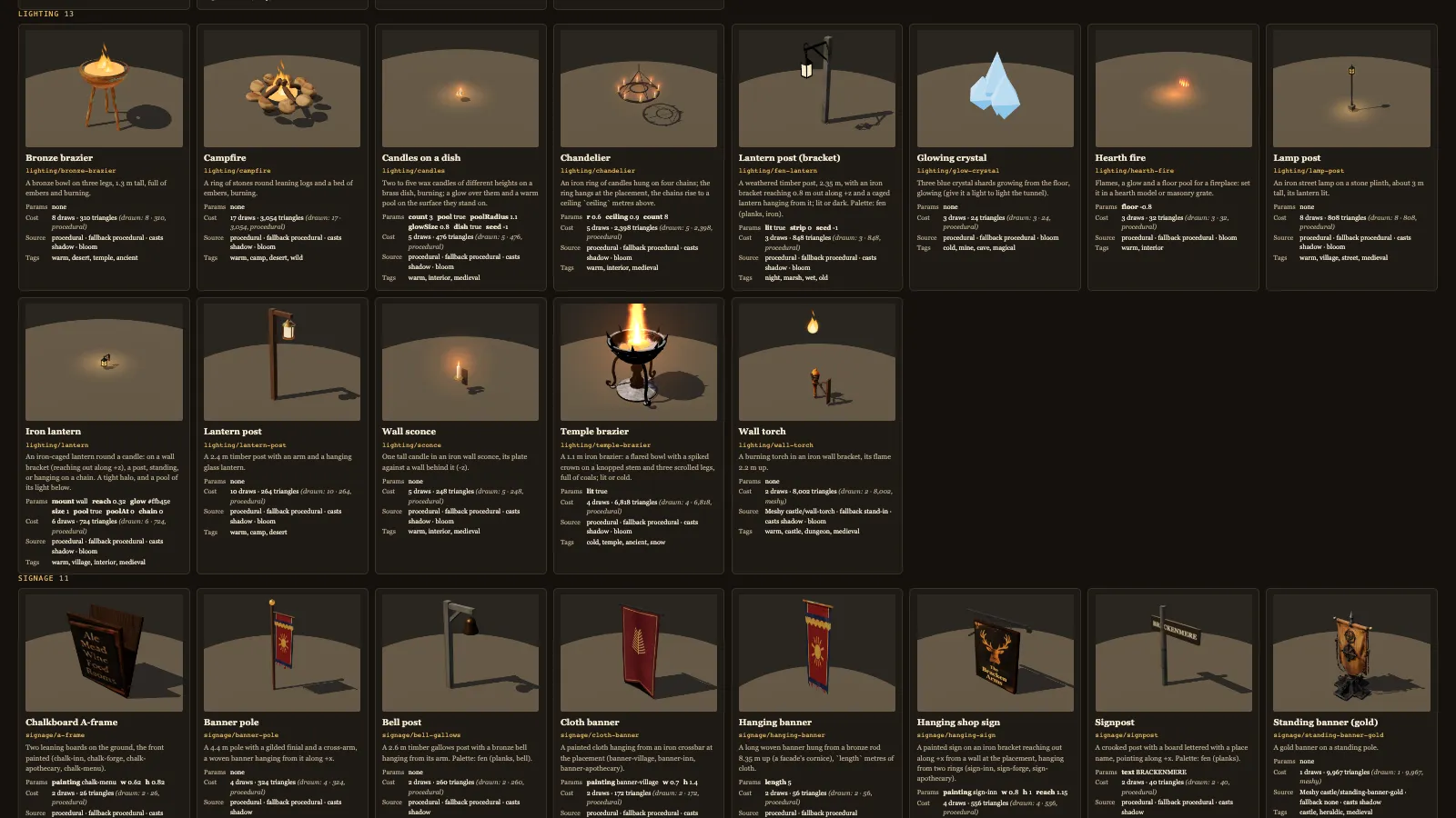 The lighting section of the catalogue: braziers, a campfire, candles, a chandelier, lantern posts, a glowing crystal and a wall torch
