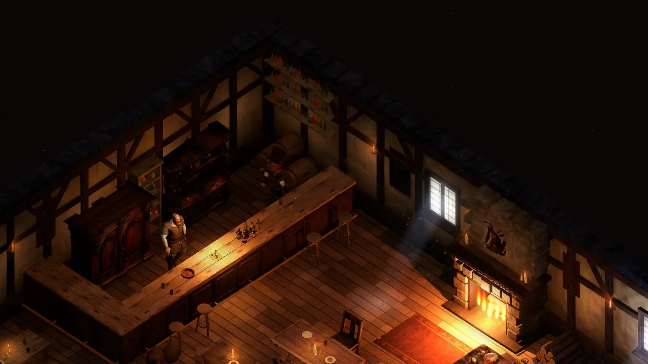 An isometric view into the inn: a long bar, bottle shelves, cabinets, candles on the tables and a stone fireplace