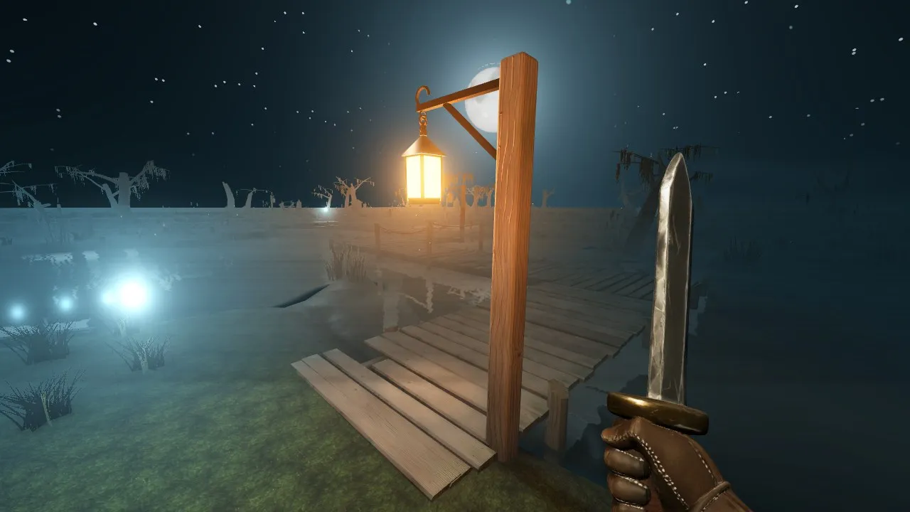 First person on a fen boardwalk at night: a lit lantern on a wooden post, mist over black water and the moon behind