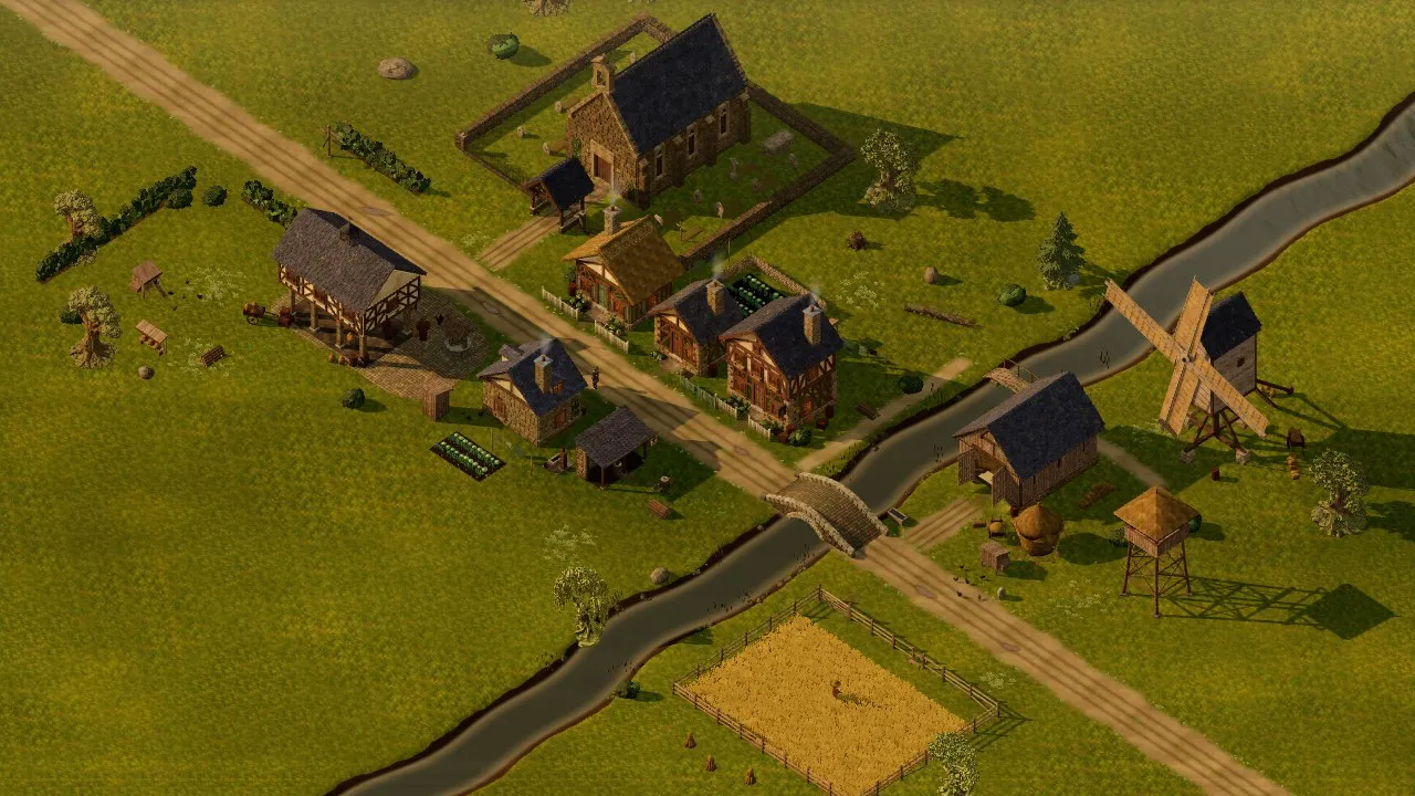 Kit Yard from above: a chapel in its churchyard, cottages along a lane, a stream with a stone bridge, a barn, a post mill and a fenced wheat field