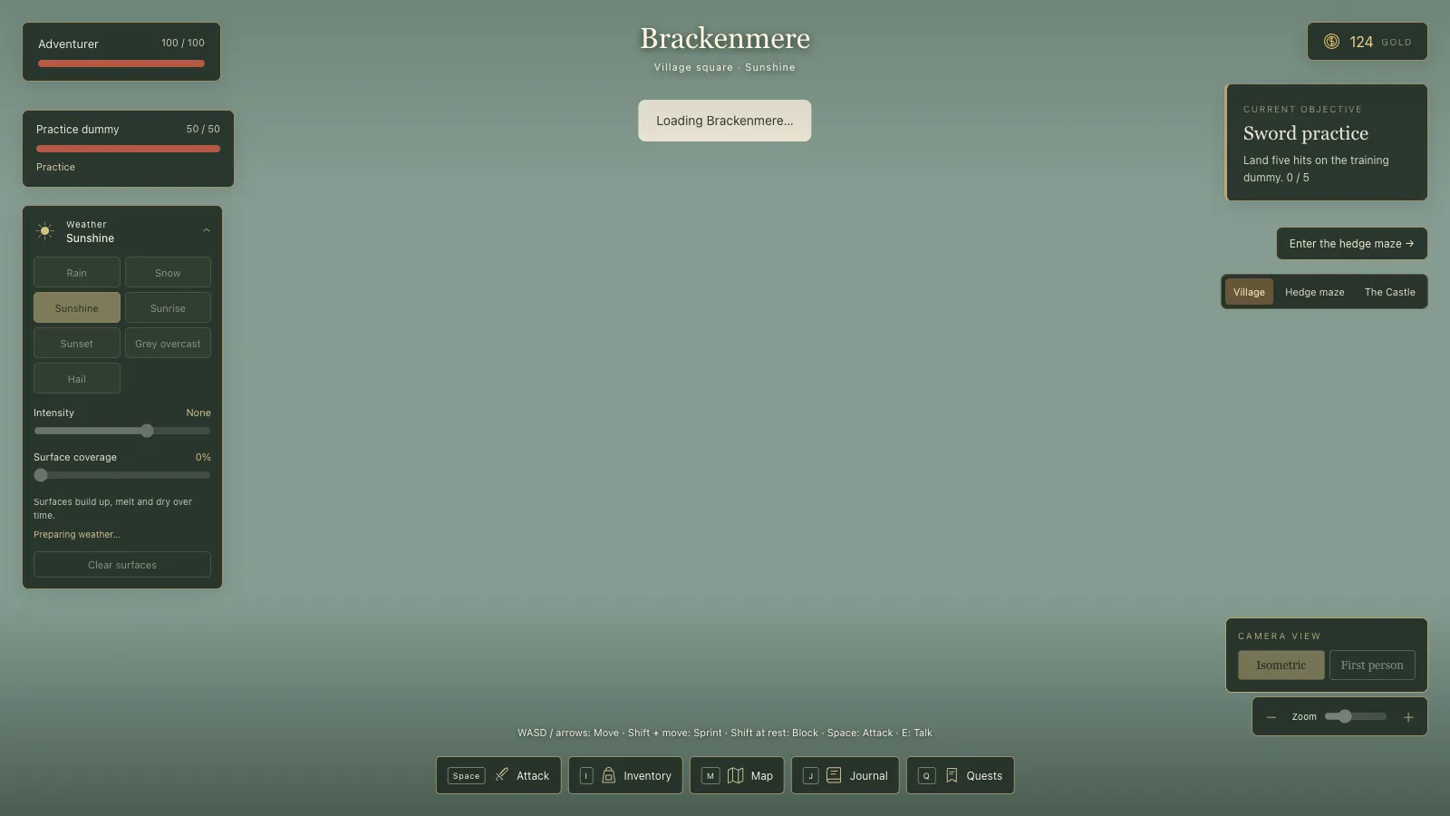 The game's loading notice, "Loading Brackenmere...", over an empty scene with the HUD around it