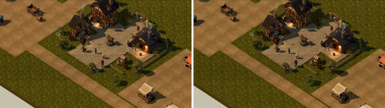 The village square from above, before and after the texture change, looking the same