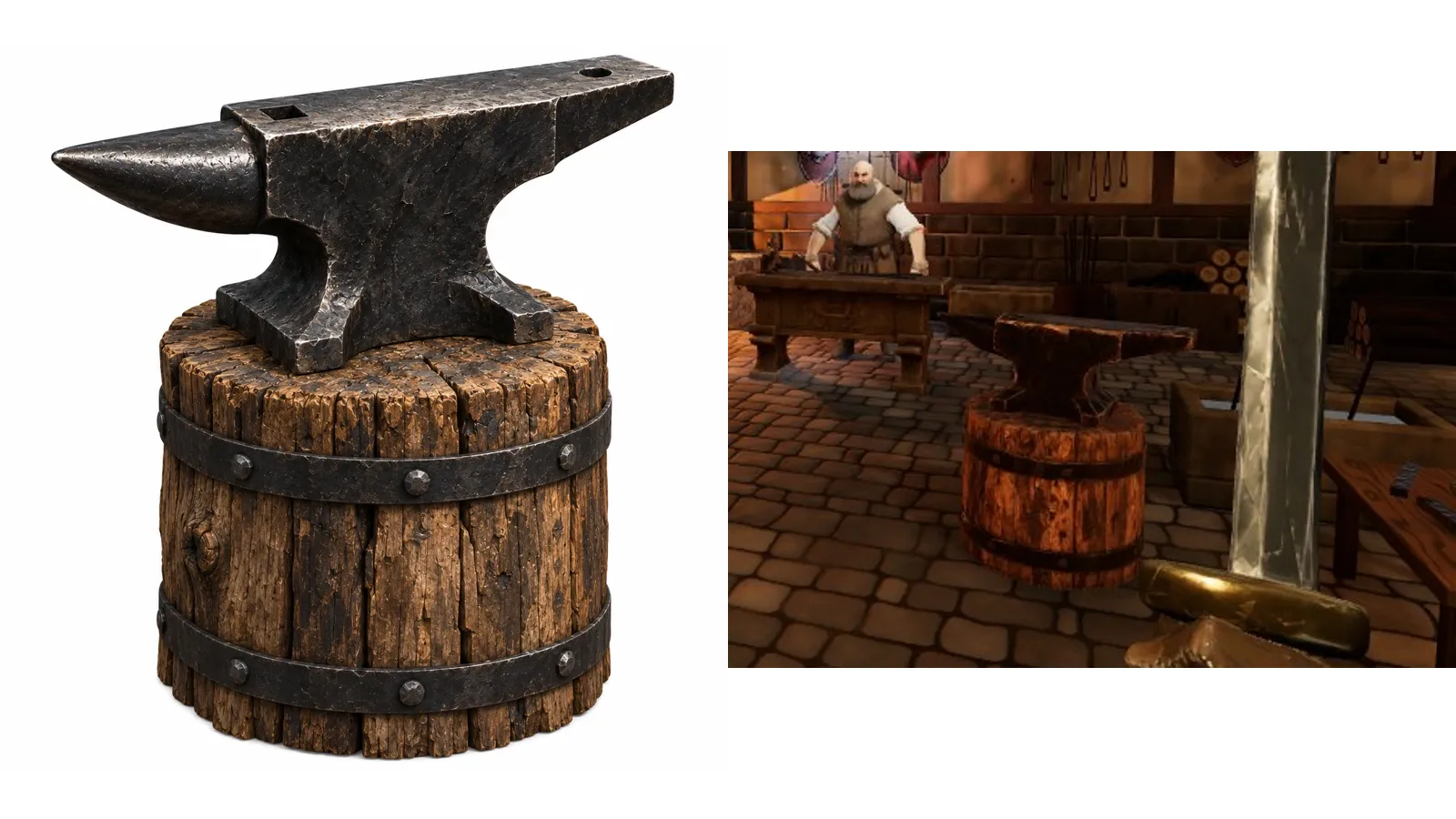 Nick's picture of the anvil on its banded stump, and the same anvil in the forge