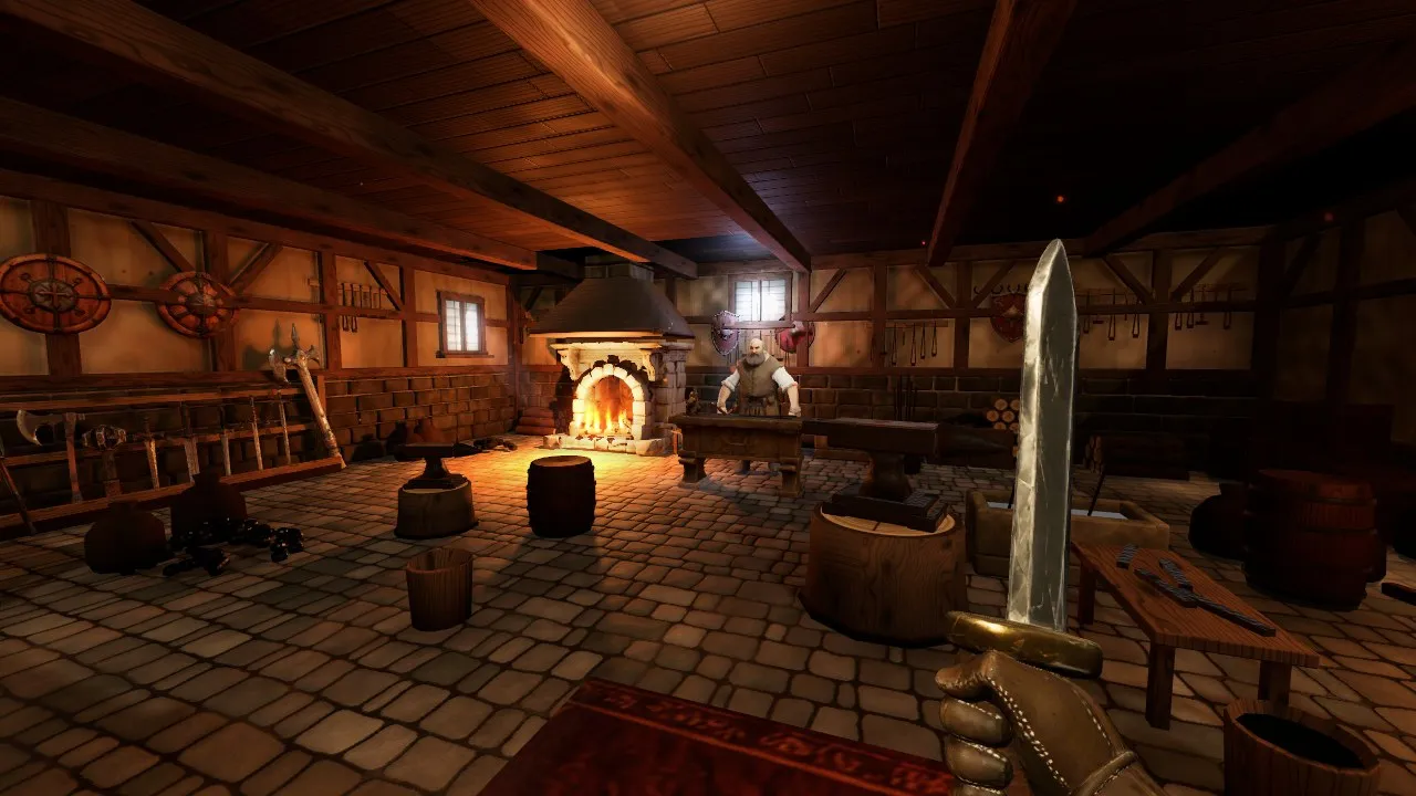 The forge in first person before the Meshy pieces, with a drawn anvil and an arched hearth