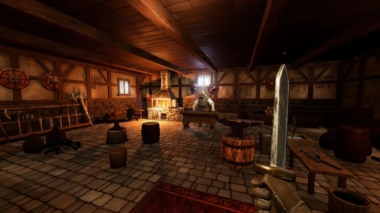 The same view of the forge after: the anvil on its banded stump and a stone hearth with a hood and chimney