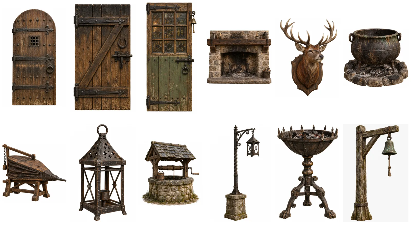 Twelve of Nick's flat pictures: three doors, a fireplace, a stag's head, a cauldron, bellows, a lantern, a well, a lamp post, a brazier and a bell post